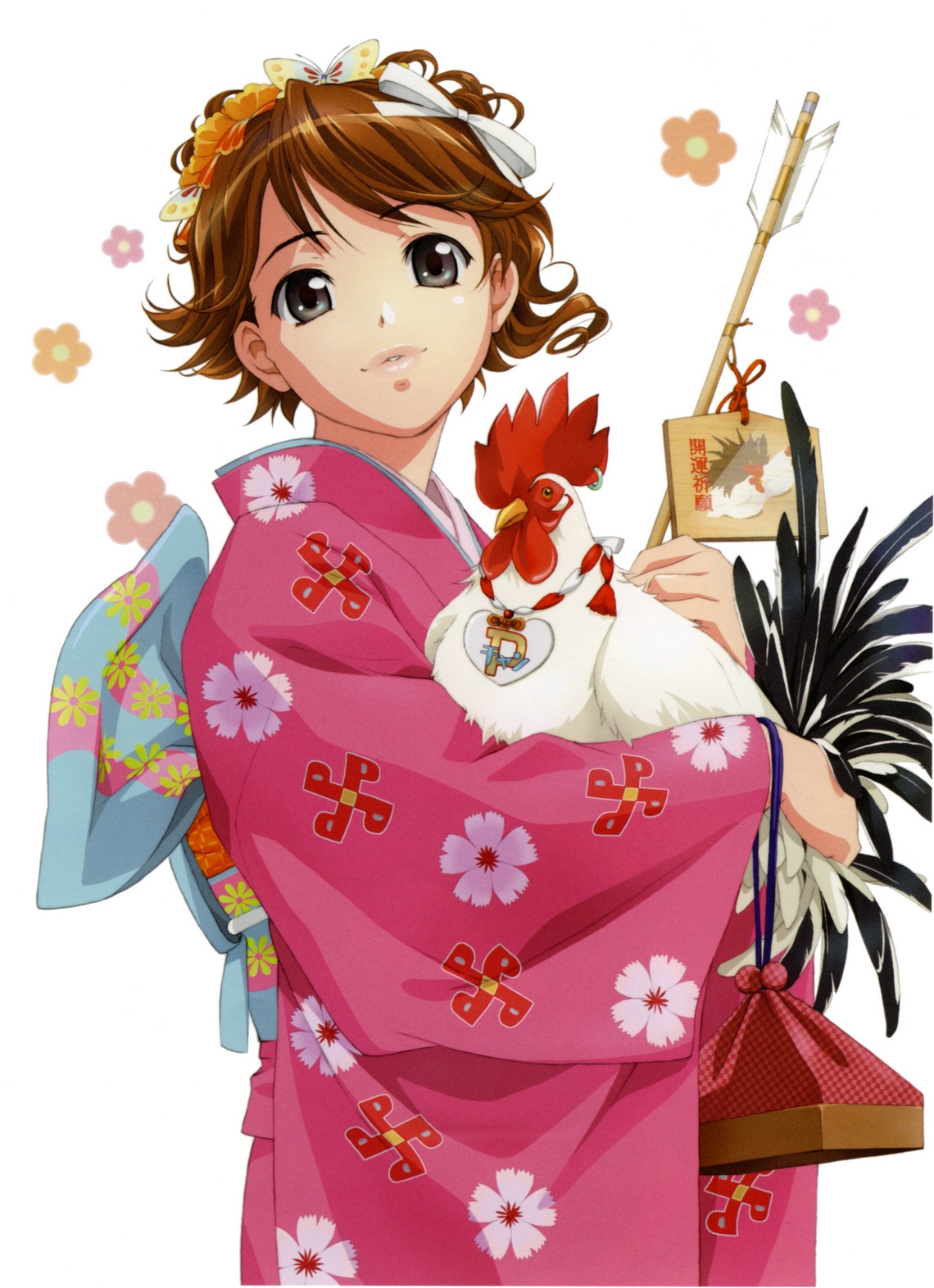rin-sin, highres, translated, 1girl, arrow (projectile), bird, bow, brown hair, bug, butterfly, carrying, chicken, female focus, flower, grey eyes, hair bow, hair flower, hair ornament, hair ribbon, hairband, hamaya, insect, japanese clothes, kimono, new year, p-mate, ribbon, short hair, smile, solo