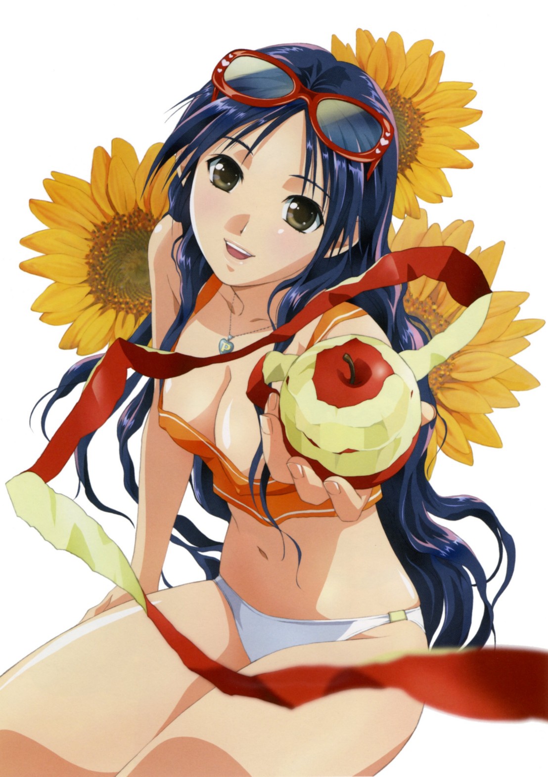 rin-sin, highres, 1girl, apple, apple peel, blue hair, breasts, cleavage, covered erect nipples, eyewear on head, female focus, flower, food, fruit, grey eyes, heart, holding, holding food, holding fruit, jewelry, large breasts, long hair, midriff, necklace, p-mate, panties, peeling, pendant, sitting, solo, sunflower, sunglasses, tank top, underwear, white panties
