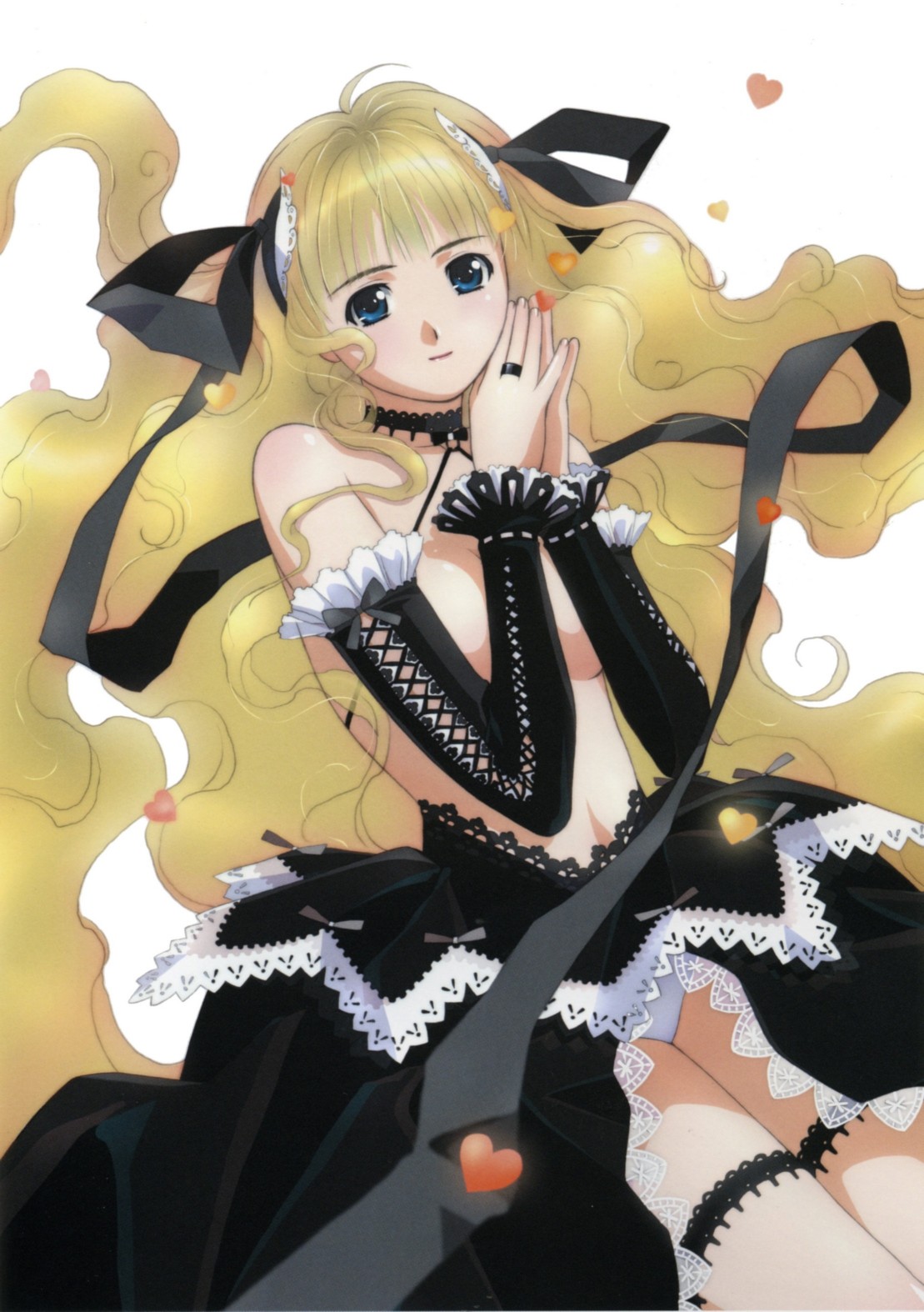 rin-sin, highres, 1girl, blonde hair, blue eyes, choker, clothes lift, detached sleeves, elbow gloves, female focus, frilled thigh strap, gloves, hair ribbon, heart, jewelry, lace, long hair, own hands together, p-mate, panties, ribbon, ring, skirt, skirt lift, smile, solo, thigh strap, topless female, underwear, upskirt, very long hair, wavy hair, white panties