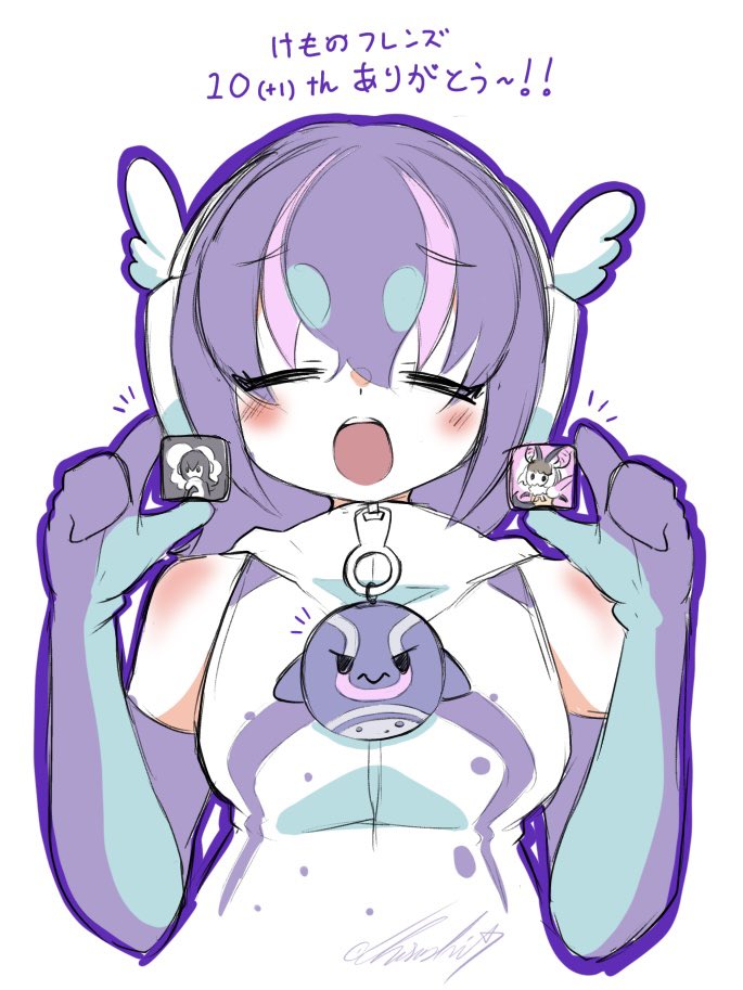 cherushi 2, brown long-eared bat (kemono friends), humboldt penguin (kemono friends), kemono friends, kemono friends v project, 1girl, bird, elbow gloves, gloves, headphones, hood, hoodie, long hair, looking at viewer, multicolored hair, penguin, penguin girl, purple hair, simple background, sleeveless, streaked hair, stuffed animal, stuffed toy, upper body, virtual youtuber, zipper