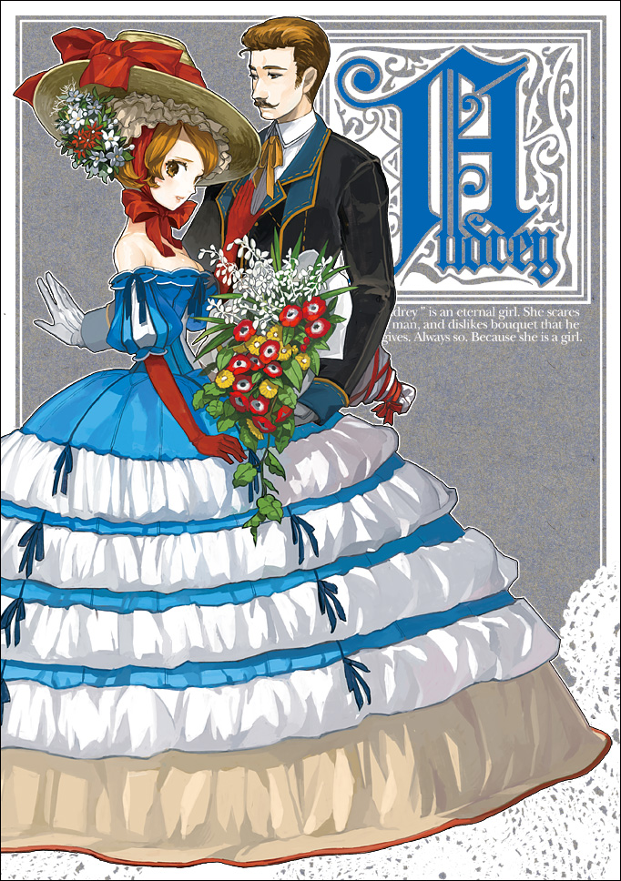 wada arco, 1boy, 1girl, bare shoulders, bell line gown, bouquet, breasts, cleavage, dress, elbow gloves, flower, gloves, gown, hat, lingerie, medium breasts, petticoat, puffy sleeves, ribbon, underwear, victorian