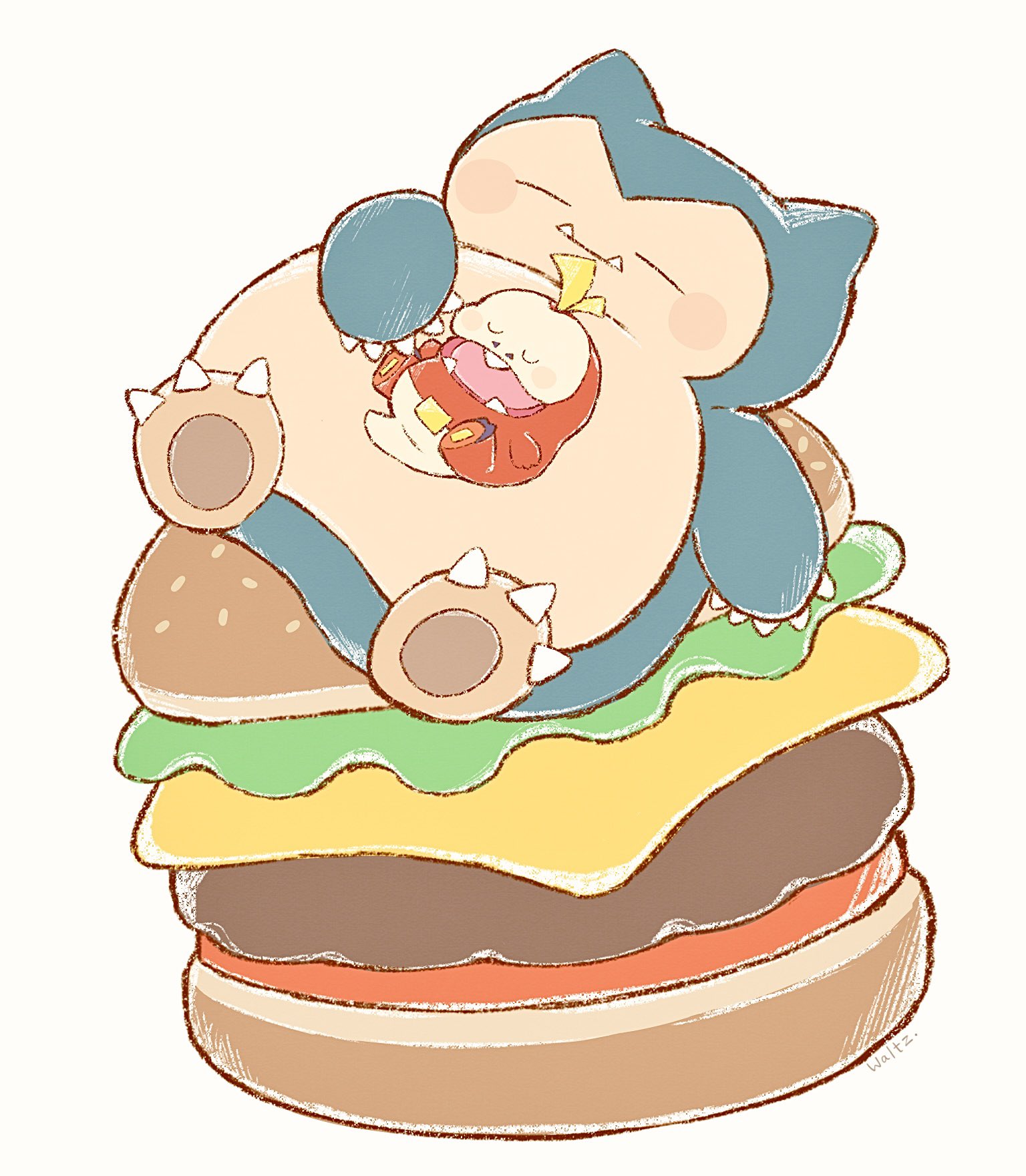 waltz (wal w wal), fuecoco, snorlax, nintendo, pokemon, commentary, highres, symbol-only commentary, blush, blush stickers, burger, claws, closed eyes, closed mouth, food, food focus, gen 1 pokemon, no humans, open mouth, pokemon (creature), pokemon focus, sleeping