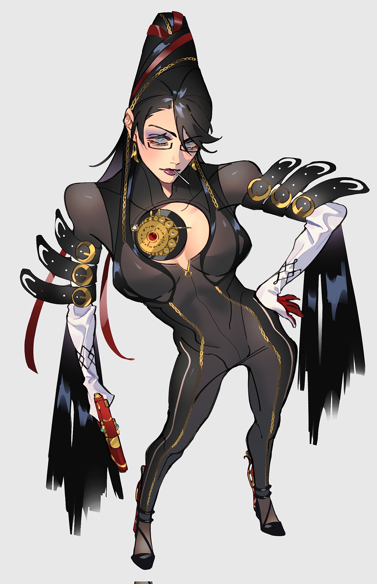 mont spark, bayonetta, bayonetta (series), bayonetta 1, highres, 1girl, ankle gun, beehive hairdo, black hair, breasts, earrings, glasses, gloves, jewelry, large breasts, lips, lipstick, long hair, looking at viewer, makeup, mole, mole under mouth, power suit (metroid), solo, varia suit, very long hair