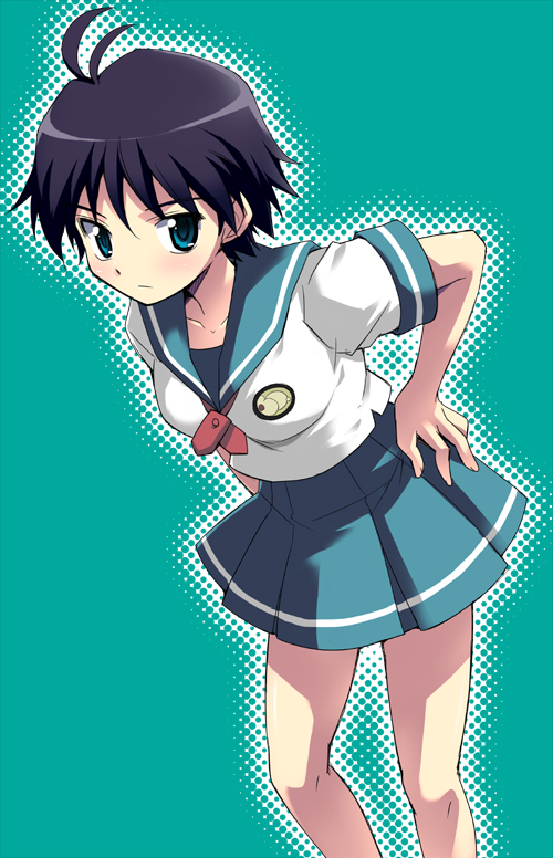 nippori, kikuchi makoto, idolmaster, idolmaster xenoglossia, 00s, 1girl, antenna hair, black hair, blue eyes, blue sailor collar, blue skirt, female focus, grey background, hands on own hips, leaning forward, looking at viewer, pleated skirt, sailor collar, school uniform, serafuku, short hair, short sleeves, simple background, skirt, sleeve cuffs, solo