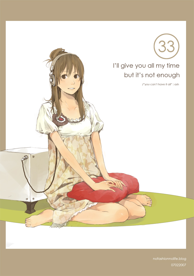 yoshito, original, 1girl, bad feet, barefoot, dated, english text, feet, female focus, half updo, headphones, looking at viewer, sitting, smile, solo