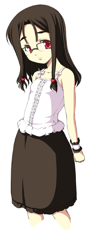 kirin kakeru, original, 1girl, bare shoulders, black hair, female focus, glasses, looking at viewer, red eyes, skirt, solo, standing
