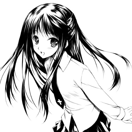 hagure keg, original, lowres, 1girl, female focus, greyscale, long hair, monochrome, school uniform, serafuku, solo