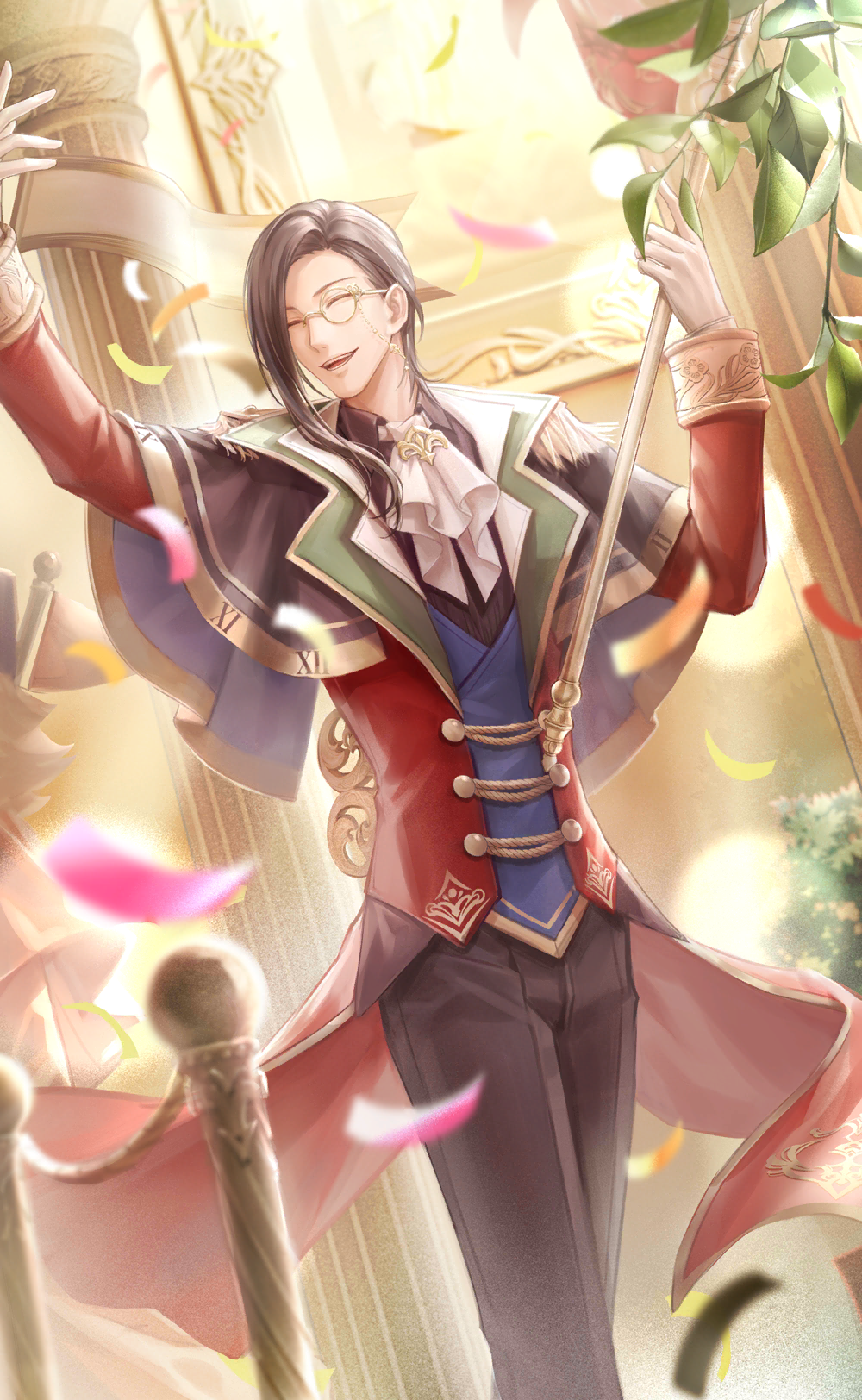 nikki (series), shining nikki, artist request, game cg, highres, official art, 1boy, ^ ^, arm up, ascot, asymmetrical bangs, black capelet, black hair, black pants, black shirt, blue cape, bush, cape, capelet, character name, closed eyes, coat, coattails, collared coat, collared shirt, confetti, dress pants, feet out of frame, flag, floating clothes, gloves, happy, holding, holding flag, indoors, lapels, light particles, light rays, long hair, long sleeves, male focus, monocle, nightbane (shining nikki), notched lapels, open clothes, open coat, pants, pillar, red coat, round eyewear, shirt, sleeve cuffs, solo, walking, white ascot, white gloves, winding key, yellow-framed eyewear