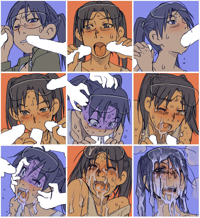 ramb chop, amasawa yuuko, dennou coil, jpeg artifacts, 00s, 1girl, 3boys, blank censor, blush, brown hair, bukkake, censored, cum, cum in eye, cum on body, cum on eyewear, cum on hair, double handjob, facial, fellatio, glasses, handjob, hetero, loli, multiple boys, multiple penis fellatio, multiple views, oral, penis, short hair, solo focus, surrounded by penises, twintails