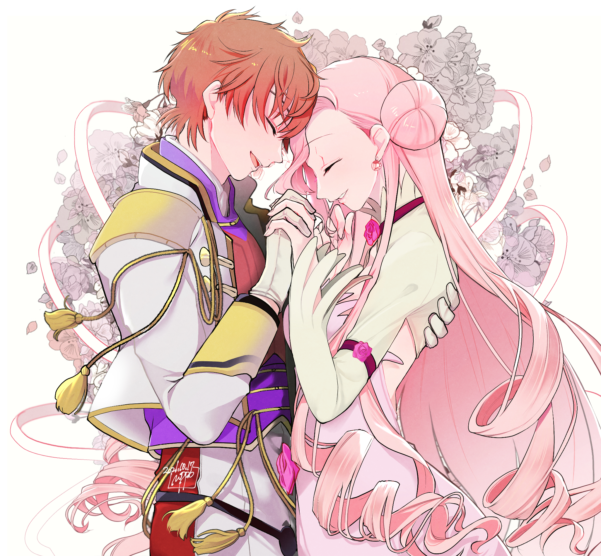 noppo, euphemia li britannia, kururugi suzaku, code geass, highres, 1boy, 1girl, brown hair, closed eyes, couple, donut hair bun, dress, earrings, formal clothes, gloves, hair bun, holding hands, jewelry, long hair, open mouth, pink hair, short hair, smile, very long hair, white background, white gloves