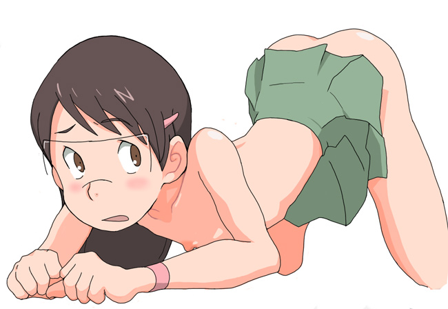 hashimoto fumie, dennou coil, visor, 00s, ass, flat chest, glasses, loli, nipples, no panties, solo, topless female