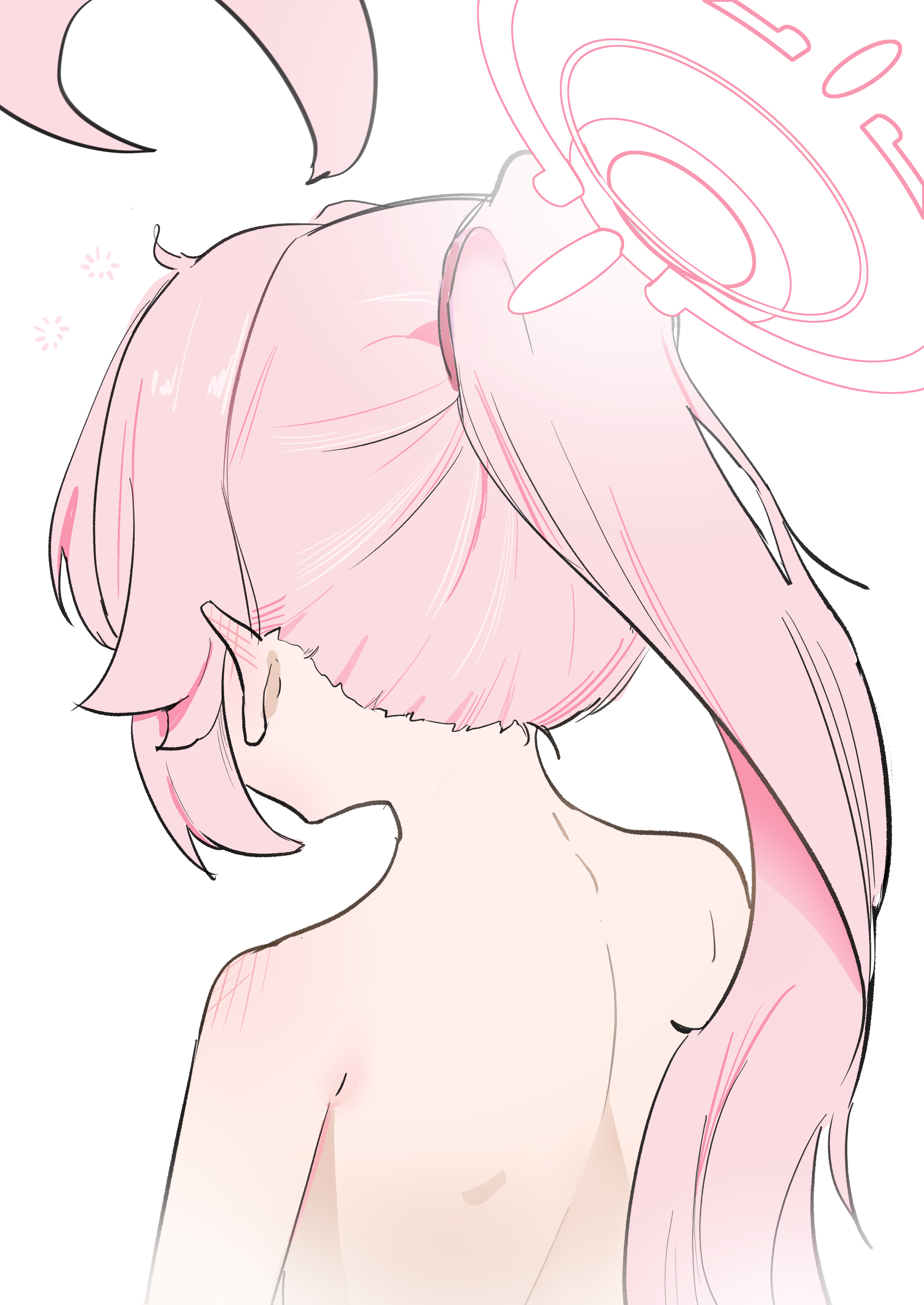 high (hgih), hoshino (blue archive), blue archive, absurdres, commentary, highres, 1girl, ahoge, alternate hairstyle, back, blush, detached ahoge, ear blush, from behind, hair flaps, halo, huge ahoge, long hair, nape, nude, pink hair, pink halo, ponytail, shoulder blush, sidelocks, solo, squeans