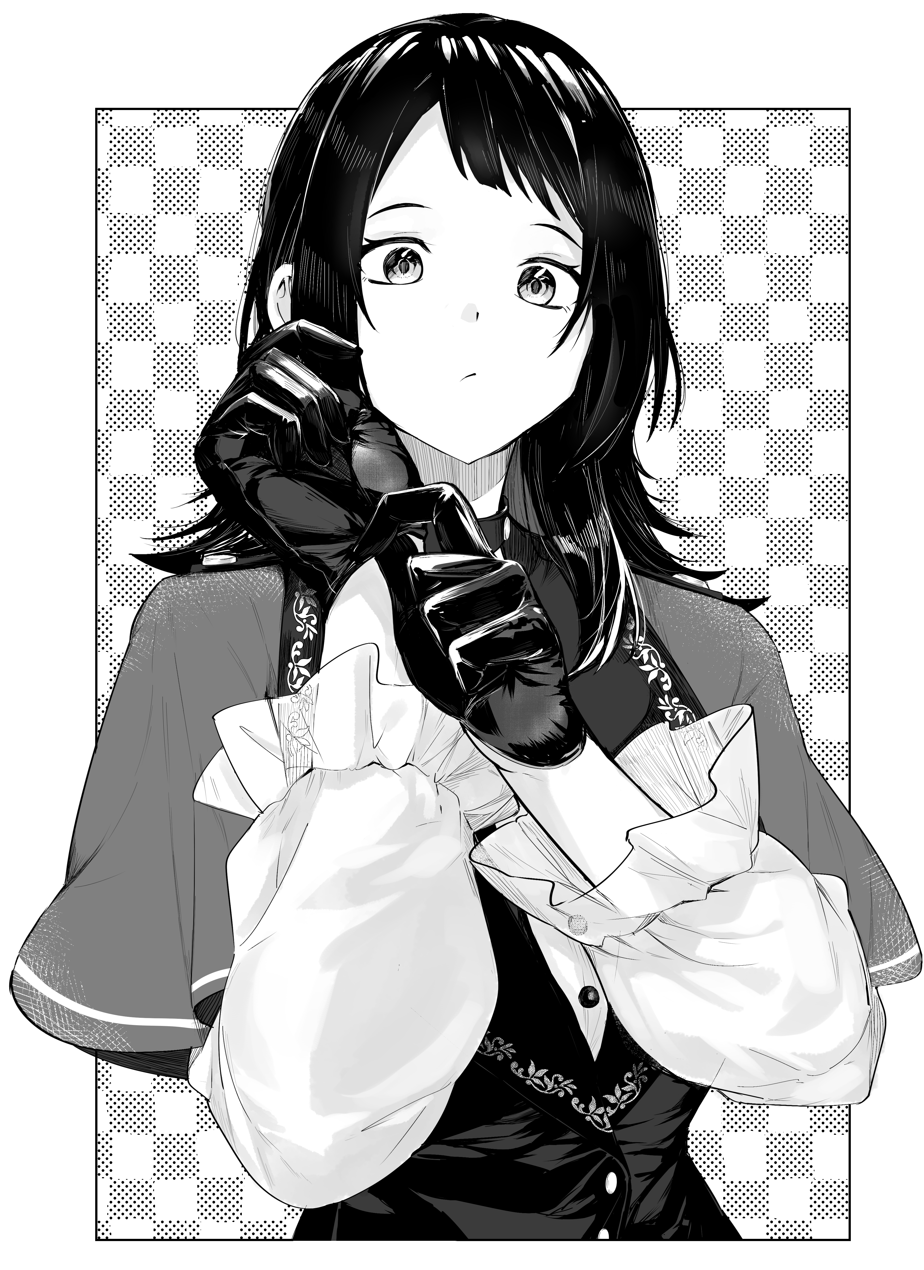 hanetsuka, timoris (bang dream!), yahata umiri, bang dream!, bang dream! it's mygo!!!!!, absurdres, commentary, highres, 1girl, capelet, closed mouth, gloves, greyscale, hand up, long sleeves, medium hair, monochrome, putting on gloves, solo, upper body, vest