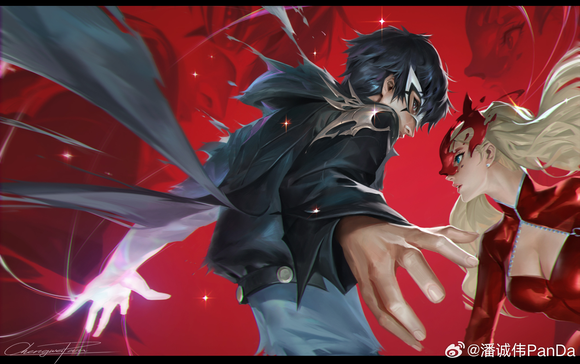 chengwei pan, amamiya ren, joker (persona 5), takamaki anne, persona, persona 5, highres, 1boy, 1girl, black hair, blonde hair, breasts, earrings, jewelry, long hair, long sleeves, mask, red background, red shirt, shirt, short hair