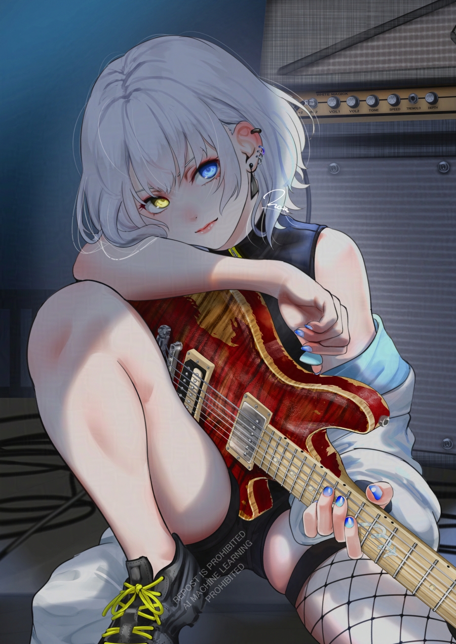 noir (nowaru), kaname raana, bang dream!, bang dream! it's mygo!!!!!, commentary, highres, 1girl, amplifier, black boots, black shirt, black shorts, blue eyes, blue nails, boots, closed mouth, ear piercing, earrings, electric guitar, fishnet thighhighs, fishnets, guitar, holding, holding guitar, holding instrument, holding plectrum, instrument, jewelry, nail polish, piercing, plectrum, shirt, short hair, shorts, single thighhigh, skindentation, sleeveless, sleeveless shirt, solo, thighhighs, white hair, yellow eyes