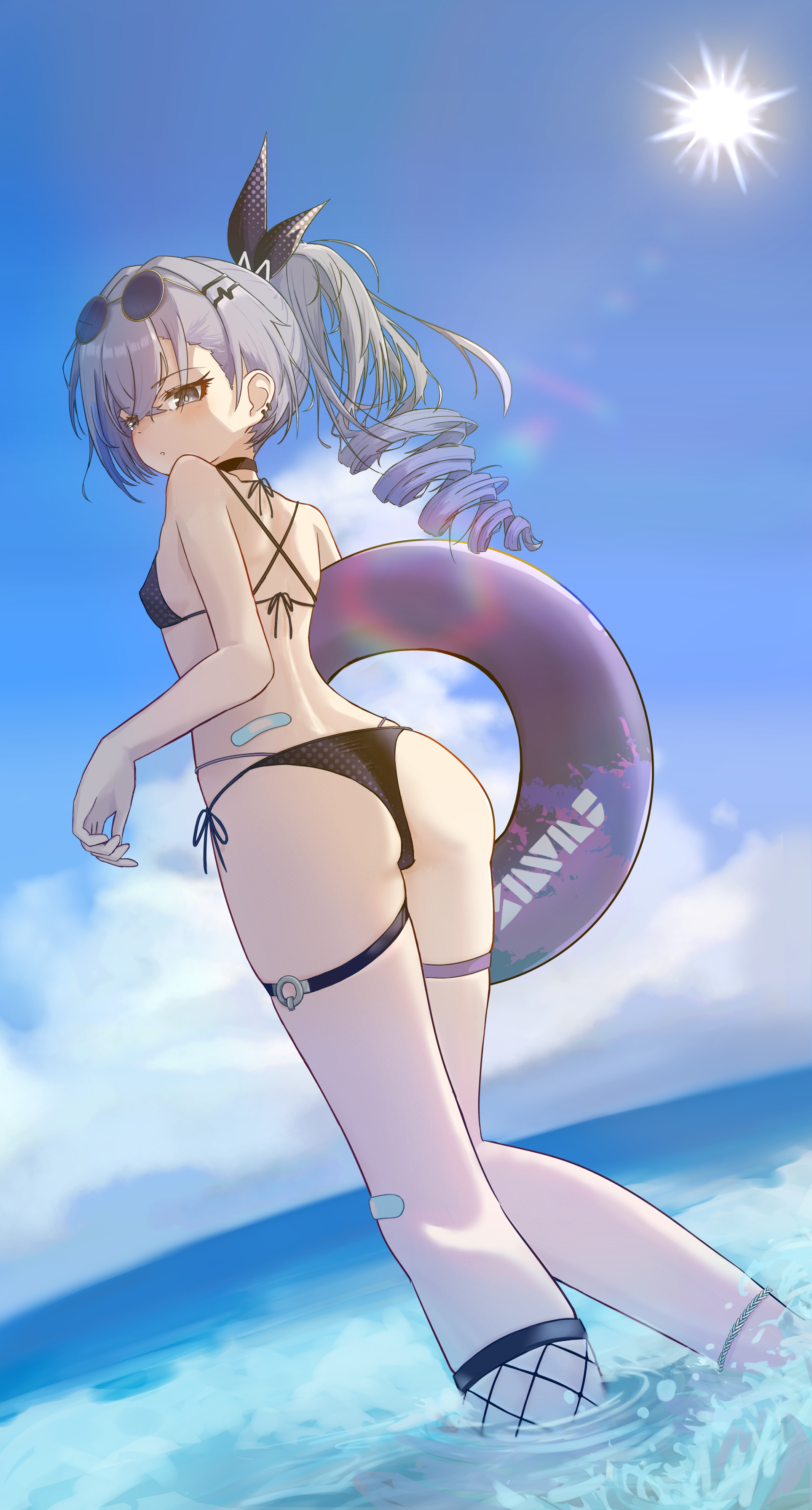 silver wolf (honkai: star rail), honkai: star rail, honkai (series), absurdres, highres, 1girl, alternate costume, ass, bandaid, bikini, black bikini, drill hair, drill ponytail, eyewear on head, from behind, grey eyes, include sub, single drill, solo, swimsuit, water