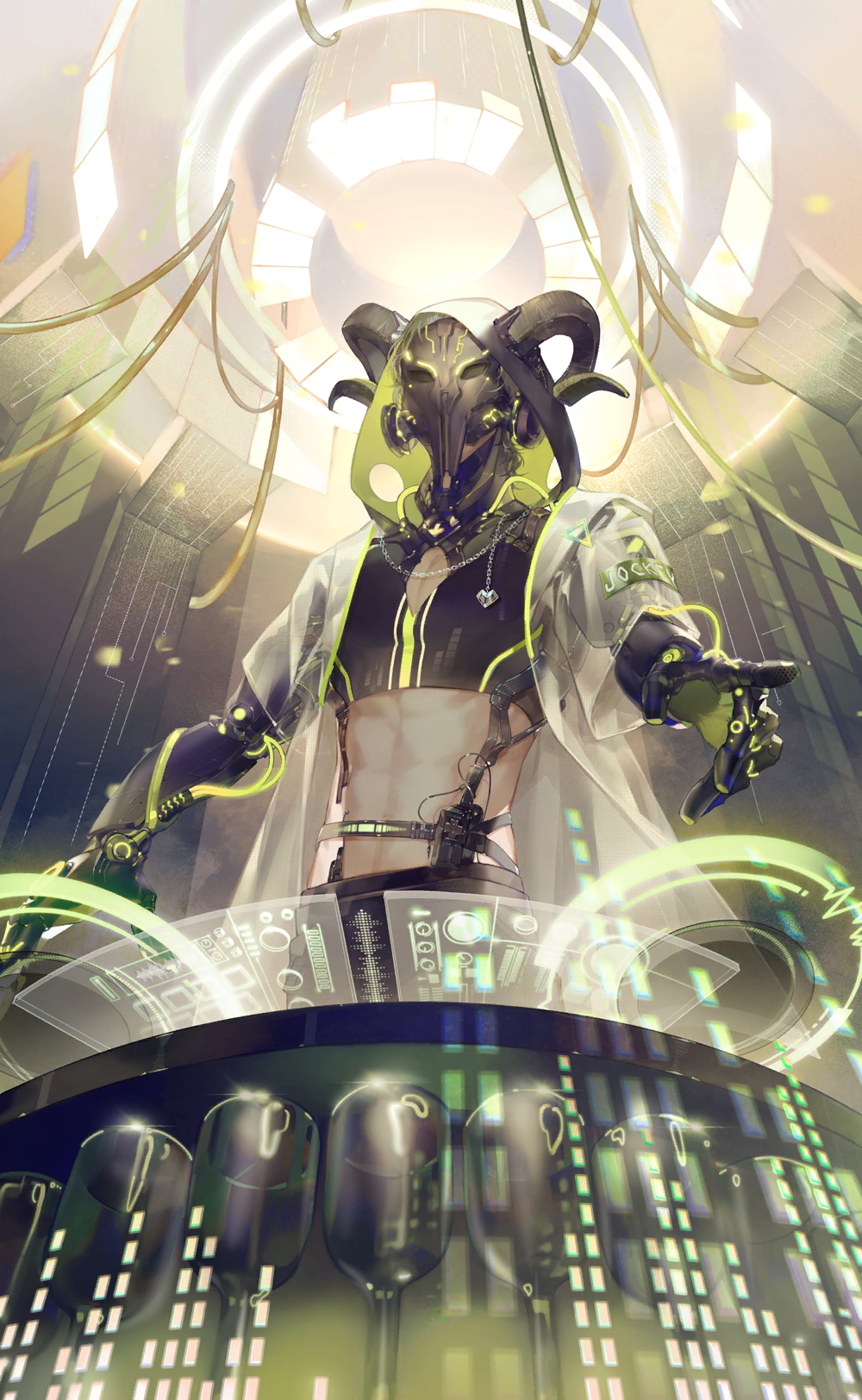 nikki (series), shining nikki, artist request, highres, official art, 1boy, abs, belt, belt buckle, black horns, black mask, black pants, black shirt, buckle, cable, caprico (shining nikki), chain, chain necklace, covered face, cowboy shot, cropped shirt, cup, diamond cutout, dj, drinking glass, fake horns, from below, goat horns, goat mask, grey belt, holographic monitor, horns, jacket, jewelry, light particles, male focus, mechanical arms, midriff, necklace, open clothes, open jacket, pants, pectoral cleavage, pectorals, science fiction, see-through clothes, see-through jacket, shirt, short sleeves, solo, standing, walkie-talkie, white jacket, wine glass