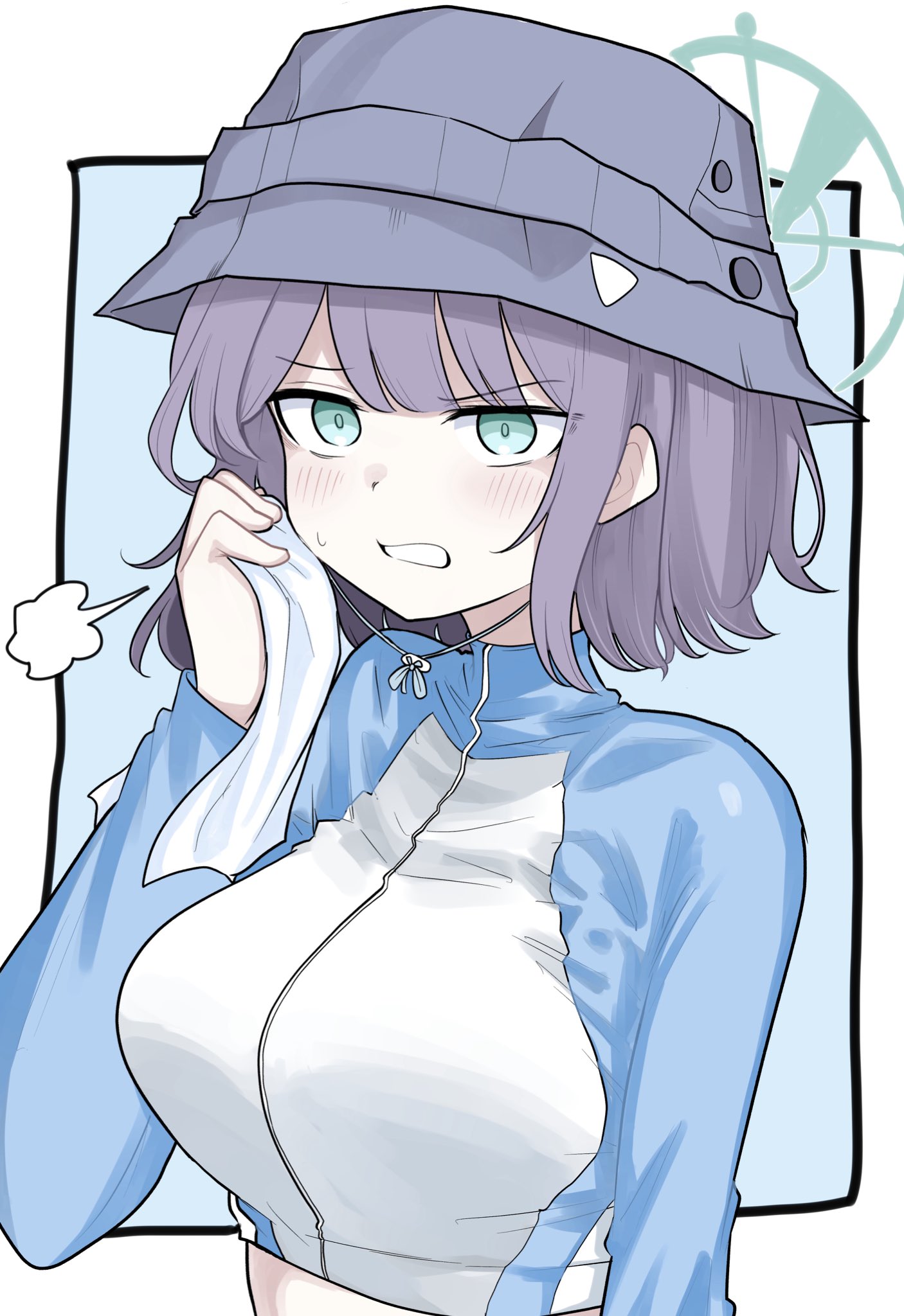 kinkuri07651, saki (blue archive), saki (swimsuit) (blue archive), blue archive, highres, blue background, blue hat, breasts, green eyes, green halo, halo, hat, holding, holding towel, large breasts, medium hair, official alternate costume, purple hair, rash guard, towel, two-tone background, white background
