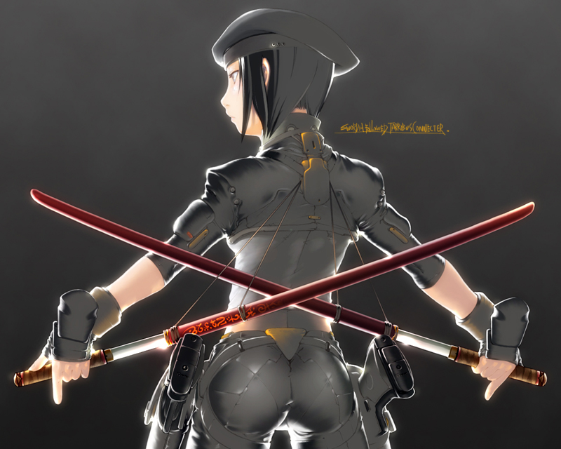 yoruweb, original, blade, artist request, character request, 1girl, ass, back, beret, black hair, cropped jacket, female focus, fingerless gloves, from behind, frown, gloves, grey eyes, gun, handgun, hat, holster, katana, midriff, pistol, profile, semi-automatic pistol, sheath, short hair, skin tight, soldier, solo, sword, sword on back, unsheathing, weapon, weapon on back, yellow eyes