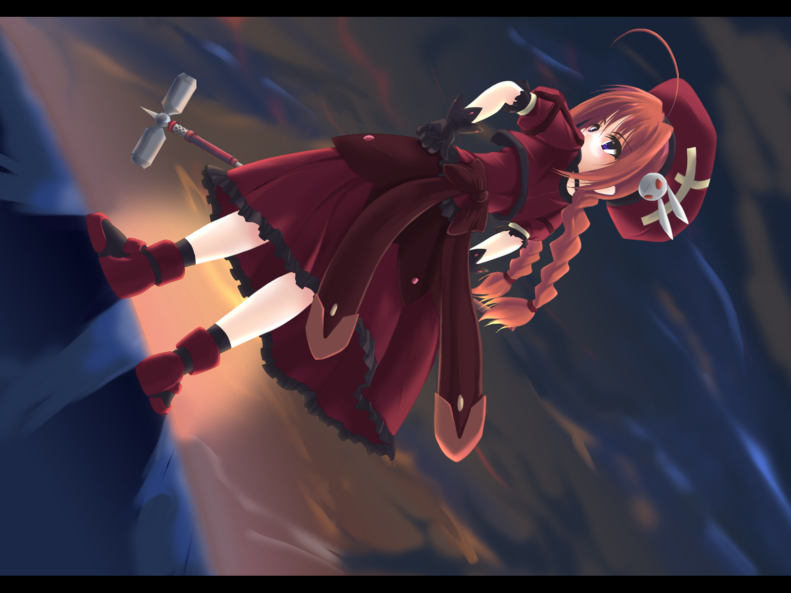 frapowa, graf eisen, vita (nanoha), lyrical nanoha, mahou shoujo lyrical nanoha, mahou shoujo lyrical nanoha strikers, highres, 00s, 1girl, ahoge, braid, cloud, female focus, from behind, gloves, hammer, hat, magical girl, red hair, sideways, sky, solo, sunset, twin braids, weapon, wings