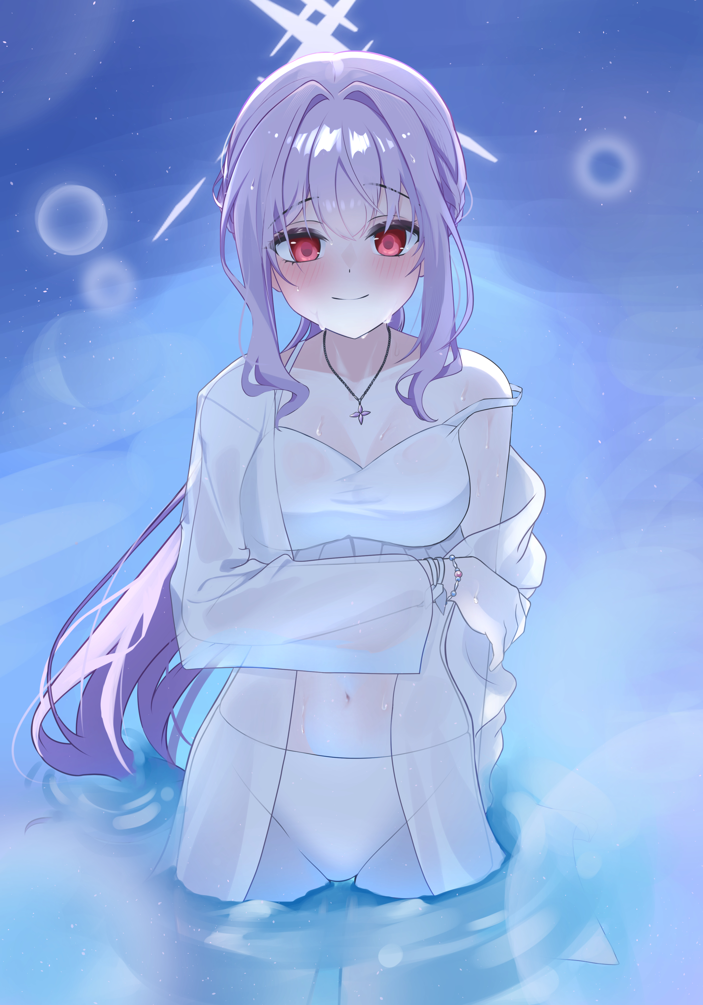 xi., atsuko (blue archive), atsuko (swimsuit) (blue archive), blue archive, absurdres, highres, 1girl, bikini, cross halo, frilled bikini, frills, halo, jacket, official alternate costume, purple eyes, red eyes, see-through clothes, see-through jacket, smile, solo, swimsuit, white bikini, white halo