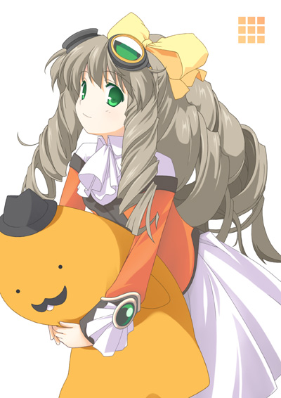 chuujou kagetsu, cheese-kun, maria balthasar, pizza hut, xenogears, 1girl, blush, bow, brooch, brown hair, detached sleeves, drill hair, female focus, gem, green eyes, jewelry, long hair, long sleeves, looking at viewer, red vest, sidelocks, simple background, skirt, smile, solo, twin drills, vest, white background, white skirt, yellow bow
