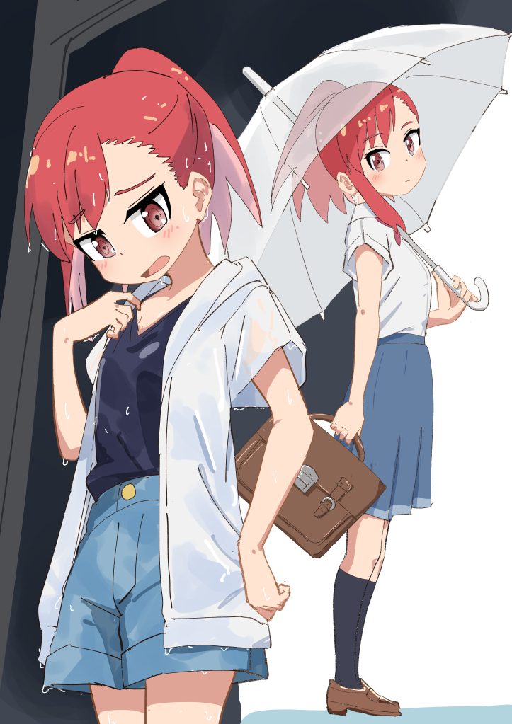 ryuuma (norinori taruto), seto shouko, ruri no houseki, 1girl, bag, black shirt, blue shorts, blue skirt, blush, brown bag, holding, holding bag, holding umbrella, jacket, looking at viewer, multiple views, open mouth, ponytail, red eyes, red hair, school uniform, shirt, short sleeves, shorts, skirt, socks, umbrella, wet, wet clothes, wet shirt, white jacket, white shirt
