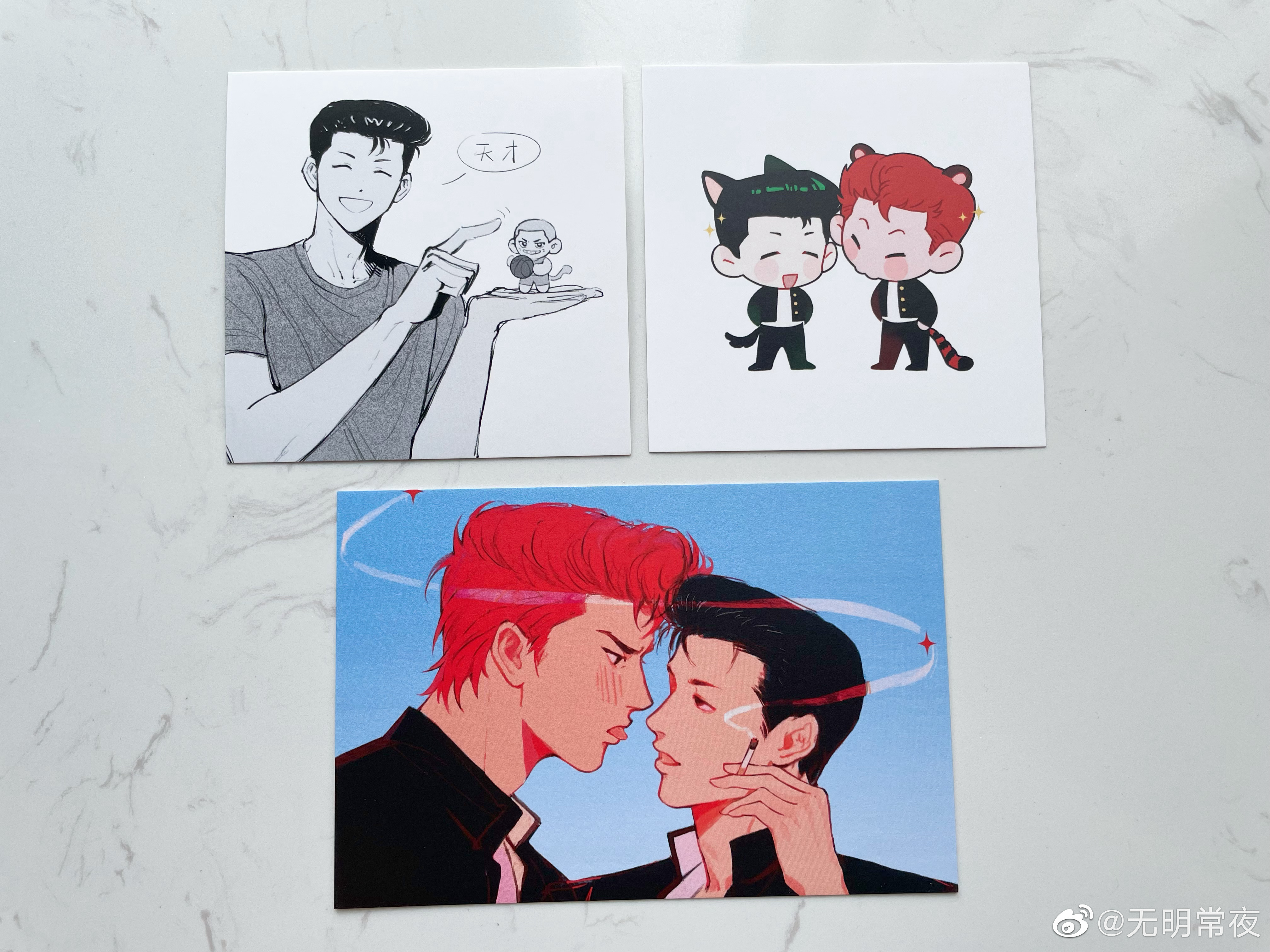 mito youhei, sakuragi hanamichi, slam dunk (series), absurdres, highres, 2boys, black hair, blue sky, blush, male focus, multiple boys, open mouth, red eyes, red hair, school uniform, shirt, short hair, sky, smoke, tail, white shirt, wumingchangye, yaoi