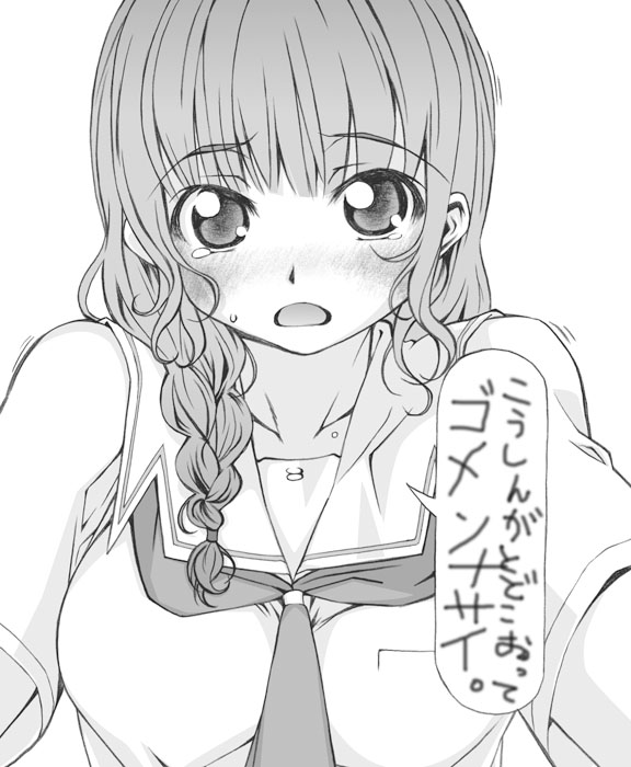 yamaguchi homupe, mizusawa mao, kimi kiss, 1girl, blush, braid, female focus, greyscale, monochrome, solo, tears