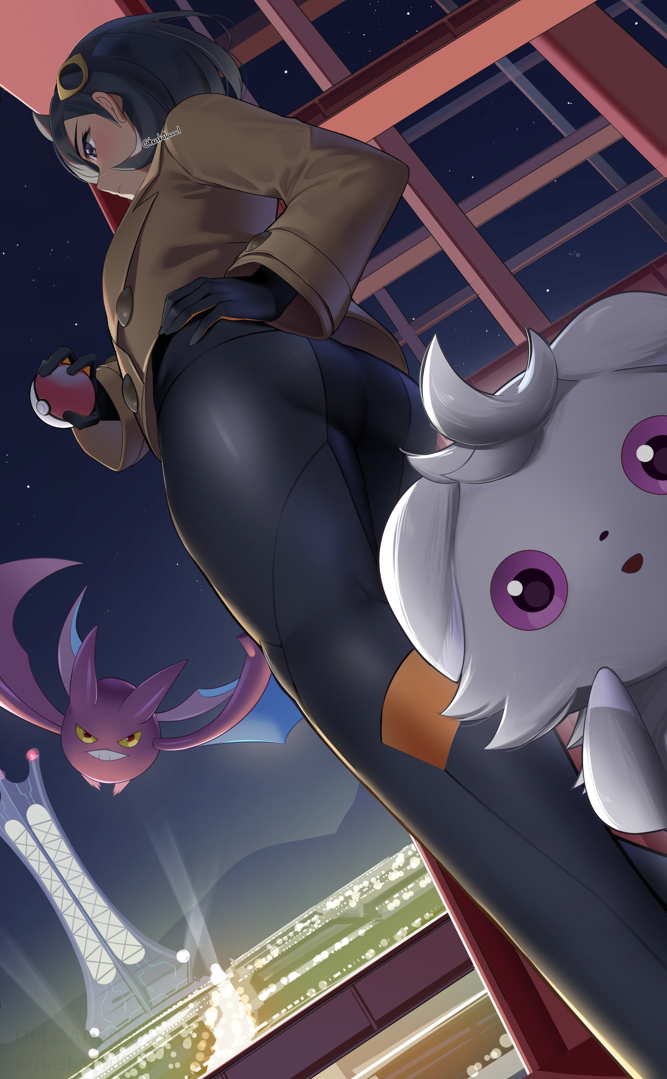 crobat, emma (pokemon), espurr, nintendo, pokemon, pokemon legends: z-a, absurdres, artist request, highres, 1girl, 2others, ass, black bodysuit, black gloves, blue eyes, blush, bodysuit, bodysuit under clothes, buttons, city, closed mouth, dutch angle, eyelashes, from below, gen 2 pokemon, gen 6 pokemon, gloves, hair between eyes, hair ornament, hand on own hip, holding, holding poke ball, jacket, long sleeves, looking ahead, looking at viewer, multiple others, night, night sky, poke ball, poke ball (basic), pokemon (creature), shiny clothes, short hair, sky, smile, standing, wide hips
