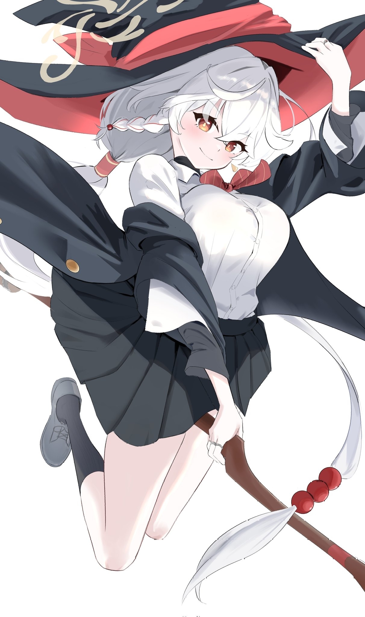 eri (blue archive), blue archive, ankle socks, bow, bowtie, braid, broom, broom riding, earrings, hair ornament, halo, hat, holding headgear, jacket, jacket partially removed, jewelry, long coat, long hair, no ra339, orange eyes, ponytail, riding, ring, shirt, shoes, skirt, smile, socks, sweater, thighs, white hair, witch hat
