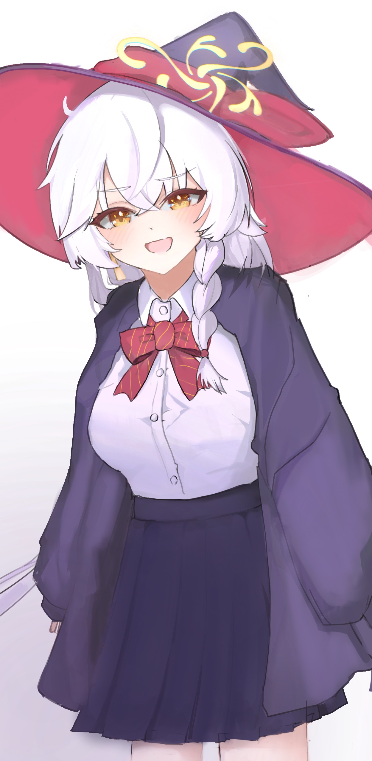 dududu, eri (blue archive), blue archive, :d, blush sticker, bow, bowtie, braid, halo, hat, jacket, long coat, long hair, open mouth, orange eyes, shirt, skirt, smile, sweater, white hair, witch hat
