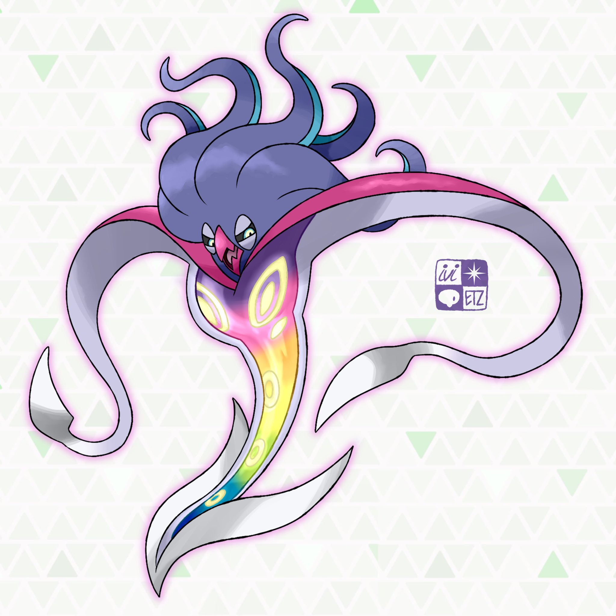 cardnlh, ivi etz, malamar, mega malamar, nintendo, pokemon, highres, artist logo, beak, black sclera, closed mouth, colored sclera, full body, gen 6 pokemon, logo, mega pokemon, narrowed eyes, no humans, patterned background, pokemon (creature), pokemon focus, smile, solo, tentacles, yellow eyes