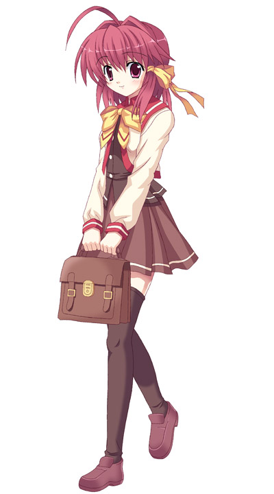 rasahan, shiiha izumi, colorful aquarium, 1girl, ahoge, bag, black thighhighs, blush, bow, female focus, full body, hair ribbon, pink eyes, pink hair, ribbon, school bag, school uniform, serafuku, short hair, simple background, skirt, smile, solo, thighhighs, zettai ryouiki