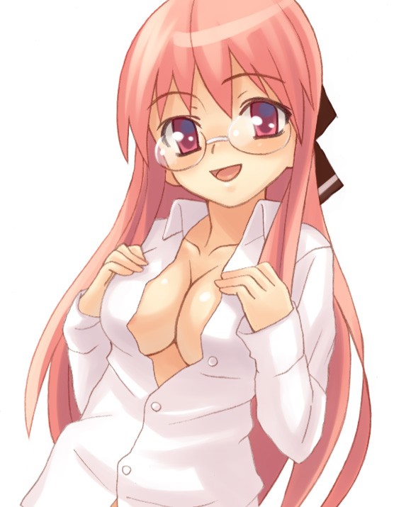oryo (oryo04), original, 1girl, blouse, female focus, glasses, open clothes, open shirt, round eyewear, shirt, simple background, solo, white background, white shirt