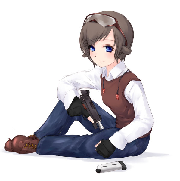 nekohige, original, 1girl, animal ears, blue eyes, boots, brown hair, denim, dog ears, female focus, fingerless gloves, gloves, goggles, gun, handgun, headphones, jeans, m1911, magazine (weapon), pants, pistol, solo, trigger discipline, weapon