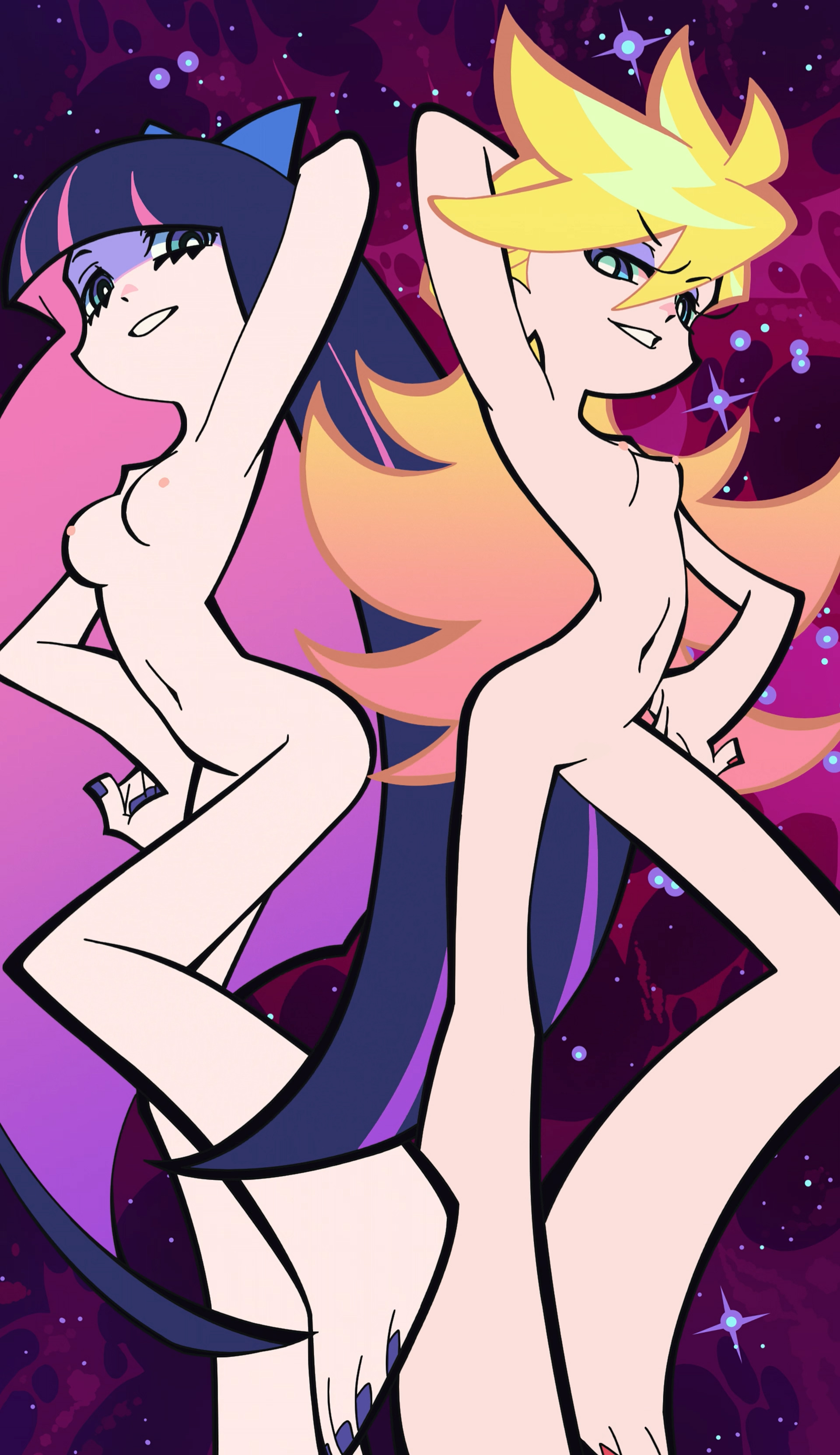 panty (psg), stocking (psg), panty & stocking with garterbelt, absurdres, anime screenshot, highres, stitched, third-party edit, 2girls, arm up, blonde hair, blue eyes, breasts, colored inner hair, completely nude, eyeshadow, gradient hair, long hair, looking at viewer, makeup, medium breasts, multicolored hair, multiple girls, nail polish, navel, nipples, nude, pink hair, purple hair, purple nails, purple toenails, red nails, siblings, sisters, small breasts, smile, stomach, thighs, toenail polish, toenails, two-tone hair, very long hair