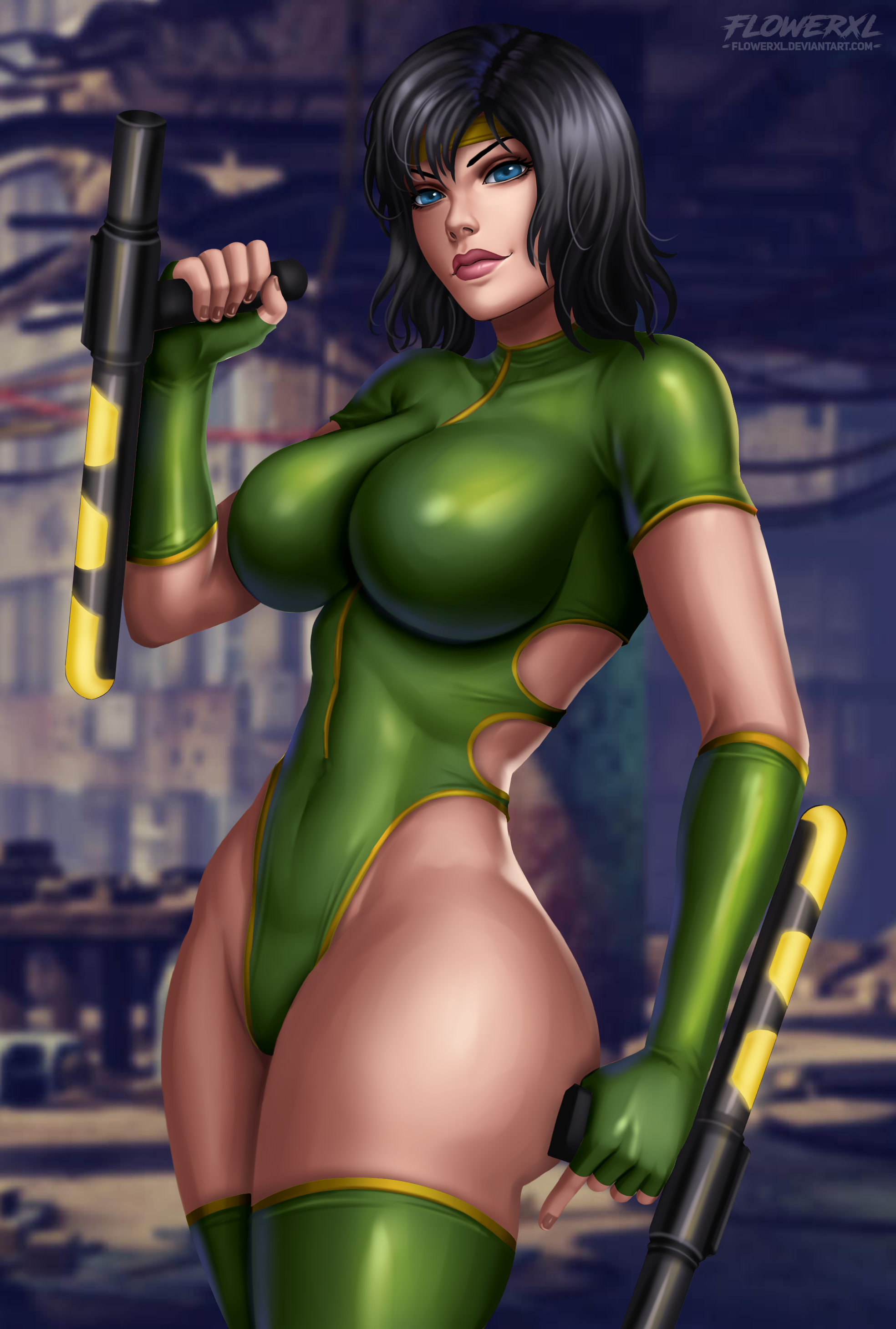 flowerxl, black orchid, fighter, killer instinct, rareware, clevage, 1girl, armgloves, artist logo, ass, black hair, blue eyes, blurry, blurry background, breasts, female focus, from side, gloves, green gloves, green high heel boots, green leotard, hand on weapon, huge ass, huge breasts, leotard, logo, looking at viewer, orchid (killer instinct), purple lips, ribbon trim, short hair, standing, thick thighs, thighs, weapon