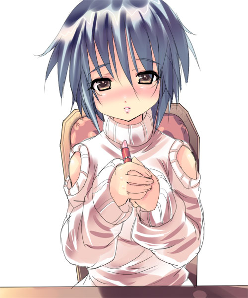 shiranagi, nagato yuki, suzumiya haruhi no yuuutsu, eyebrows, 00s, 1girl, alternate costume, blue hair, blush, chair, clothing cutout, cosmetics, female focus, hair between eyes, holding, lipstick tube, long sleeves, looking at viewer, on chair, own hands together, parted lips, pink lips, short hair, shoulder cutout, simple background, sitting, solo, sweater, table, upper body, white background, yellow eyes