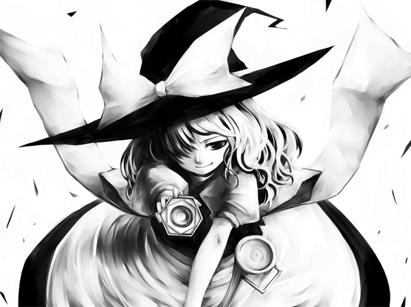 sakuraba yuuki, kirisame marisa, touhou, 1girl, female focus, greyscale, hat, monochrome, solo, witch, witch hat