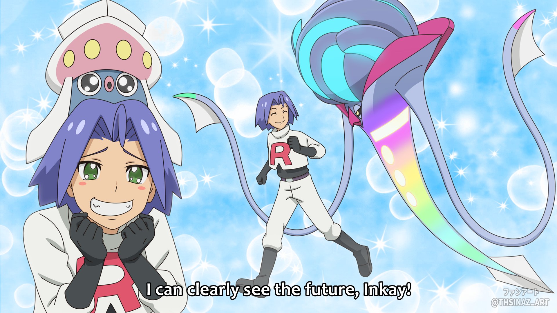 thsinaz, inkay, james (pokemon), malamar, mega malamar, nintendo, pokemon, pokemon (anime), pokemon (classic anime), highres, black gloves, blue background, blush, boots, closed eyes, gen 6 pokemon, gloves, glowing, glowing eyes, green eyes, on head, pokemon (creature), pokemon on head, purple hair, smile, team rocket, team rocket uniform