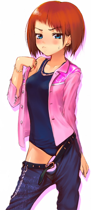 negy, original, 1girl, :<, angry, belt, blue eyes, blush, bob cut, bracelet, clothes pull, denim, earrings, embarrassed, female focus, jeans, jewelry, one-piece swimsuit, open clothes, open fly, open shirt, pants, pants pull, red hair, ring, school swimsuit, shirt, short hair, solo, sweat, swimsuit, swimsuit under clothes, undressing, unzipped
