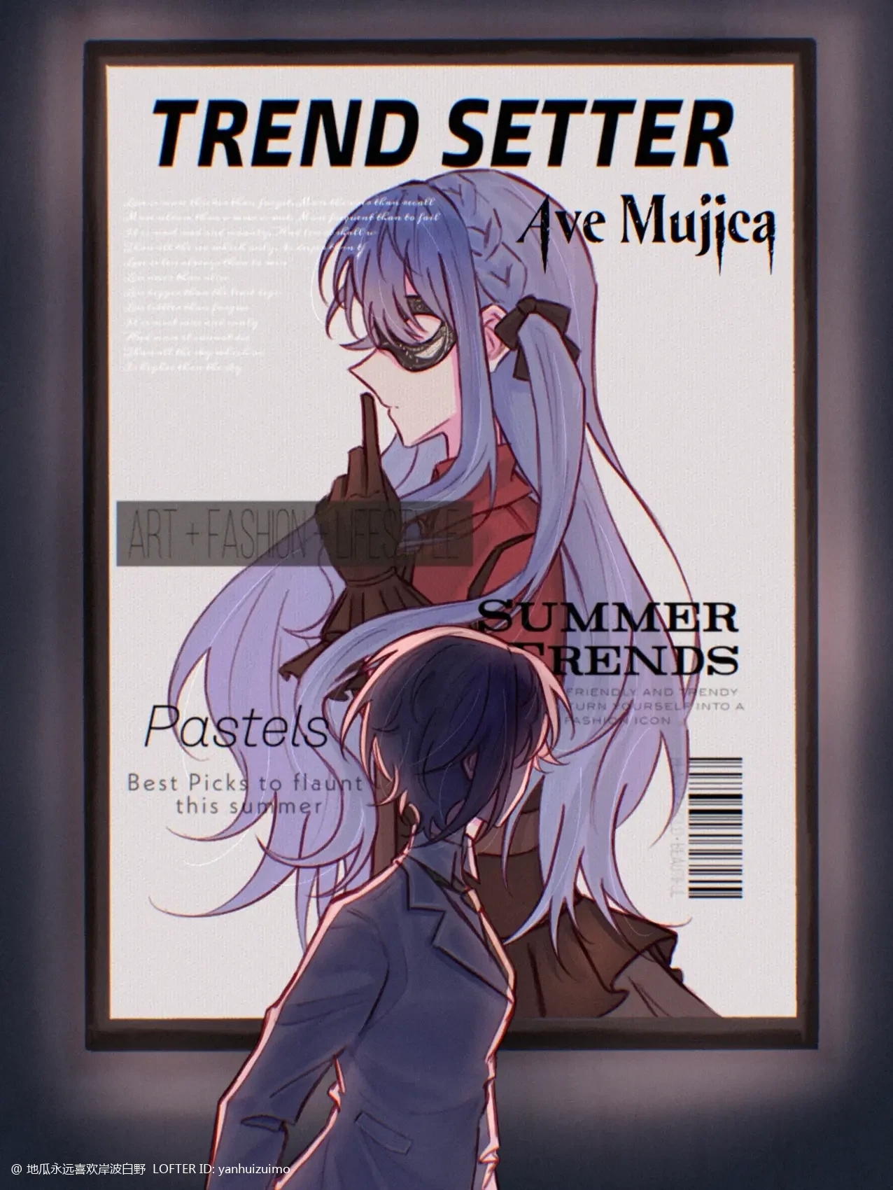 yanhuizuimo, oblivionis (bang dream!), takamatsu tomori, togawa sakiko, bang dream!, bang dream! it's mygo!!!!!, chinese commentary, commentary request, highres, 1girl, barcode, black gloves, blue hair, gloves, grey hair, grey jacket, haneoka school uniform, jacket, long hair, poster (object), red shirt, school uniform, shirt, short hair, sidelocks