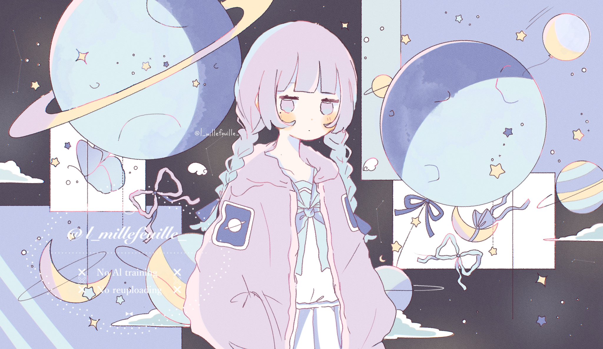 original, highres, 1girl, balloon, blue ribbon, blush, braid, closed mouth, dot mouth, expressionless, hood, jacket, jitome, l millefeuille, long hair, mole, moon, planet, purple eyes, purple hair, ribbon, sailor collar, school uniform, serafuku, shirt, skirt, solo, star (sky), star (symbol), twin braids, twitter username, white serafuku, white shirt, white skirt