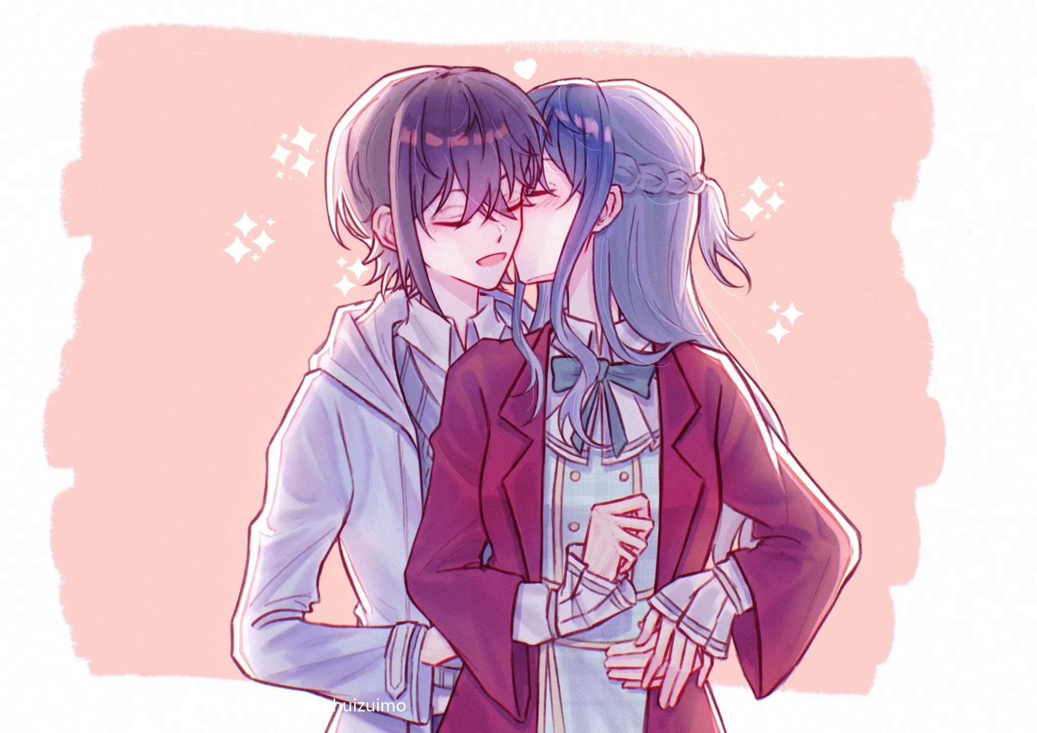 yanhuizuimo, takamatsu tomori, togawa sakiko, bang dream!, bang dream! it's mygo!!!!!, chinese commentary, commentary request, highres, 2girls, blue hair, blush, braid, couple, grey hair, hair between eyes, half up braid, hug, hug from behind, jacket, kiss, kissing cheek, long hair, multiple girls, open clothes, open jacket, red jacket, short hair, sidelocks, white jacket, yuri