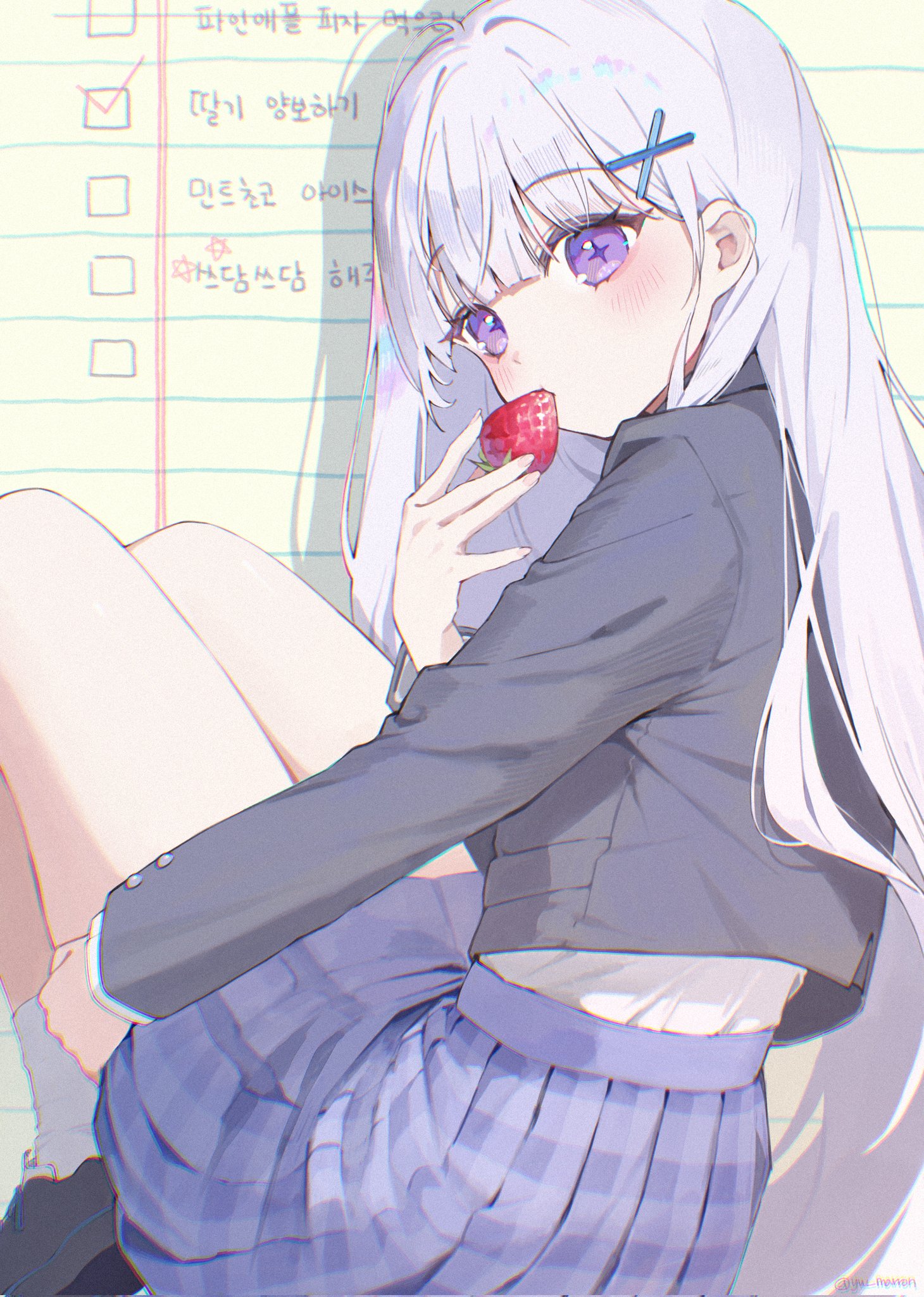 yw marron, ayatsuno yuni, stellive, highres, 1girl, black jacket, blue skirt, blunt bangs, blush, eating, food, fruit, hair ornament, hairclip, holding, holding food, holding fruit, jacket, korean text, long hair, long sleeves, looking at viewer, pleated skirt, purple eyes, school uniform, shirt, sitting, skirt, solo, strawberry, white hair, white shirt