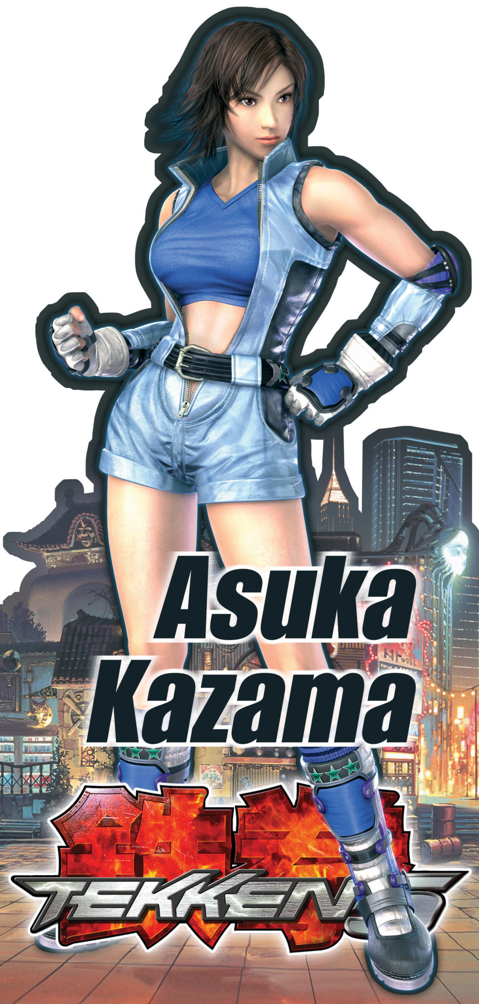 kazama asuka, tekken, striped legwear, highres, official art, 1girl, 3d, architecture, belt, boots, breasts, character name, copyright name, jumpsuit, large breasts, romper, sleeveless, socks, unzipped, zipper