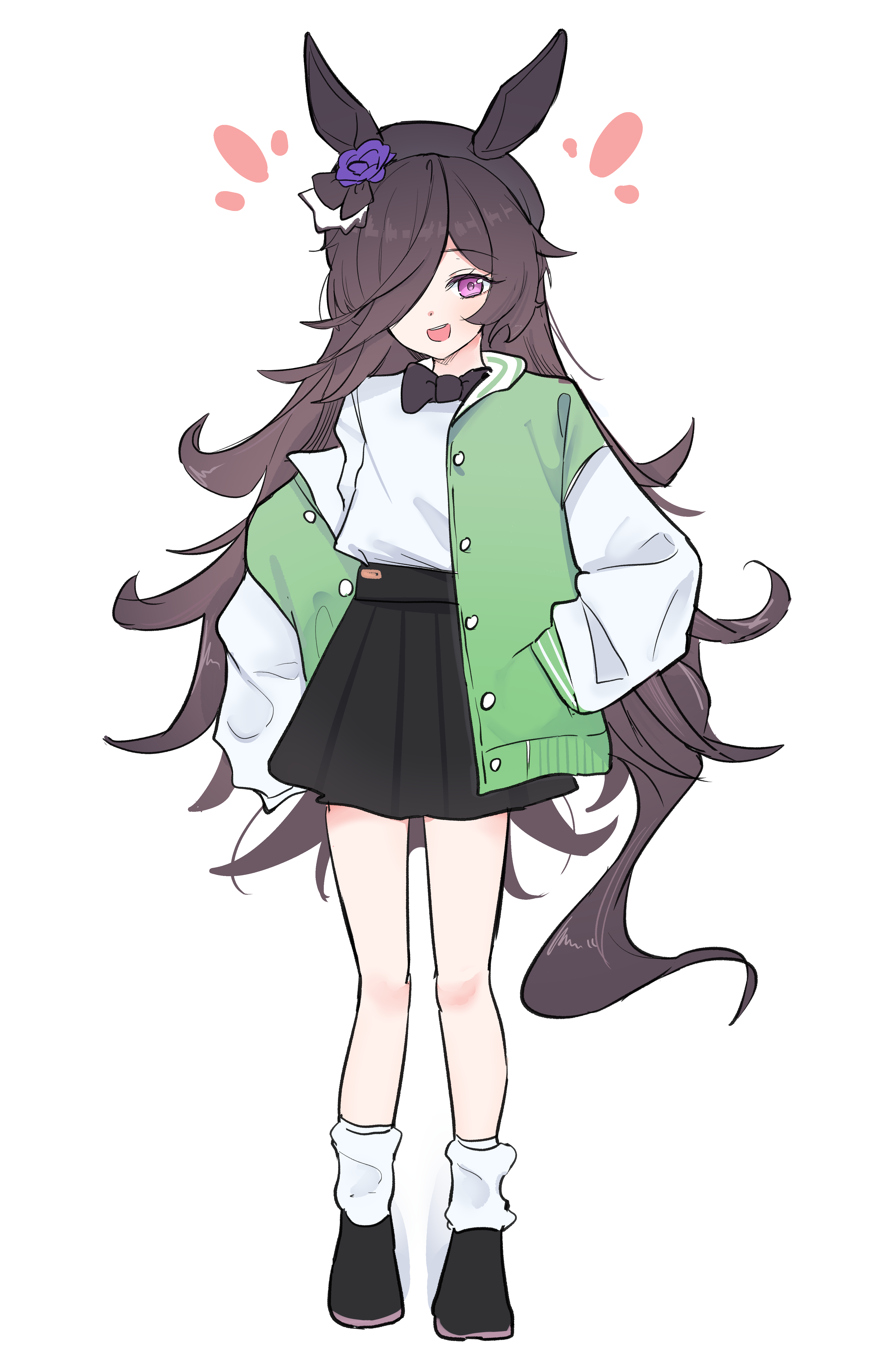high (hgih), rice shower (umamusume), umamusume, absurdres, commentary, english commentary, highres, 1girl, :d, alternate costume, animal ears, black bow, black bowtie, black shoes, black skirt, bow, bowtie, brown hat, flower, full body, green jacket, hair flower, hair ornament, hair over one eye, hat, horse-drawn, horse ears, horse girl, horse tail, jacket, long hair, long sleeves, looking at viewer, loose socks, open clothes, open jacket, open mouth, pleated skirt, purple eyes, purple flower, shirt, shoes, sidelocks, simple background, single off shoulder, skirt, smile, socks, solo, tail, teeth, upper teeth only, very long hair, white background, white shirt, white socks