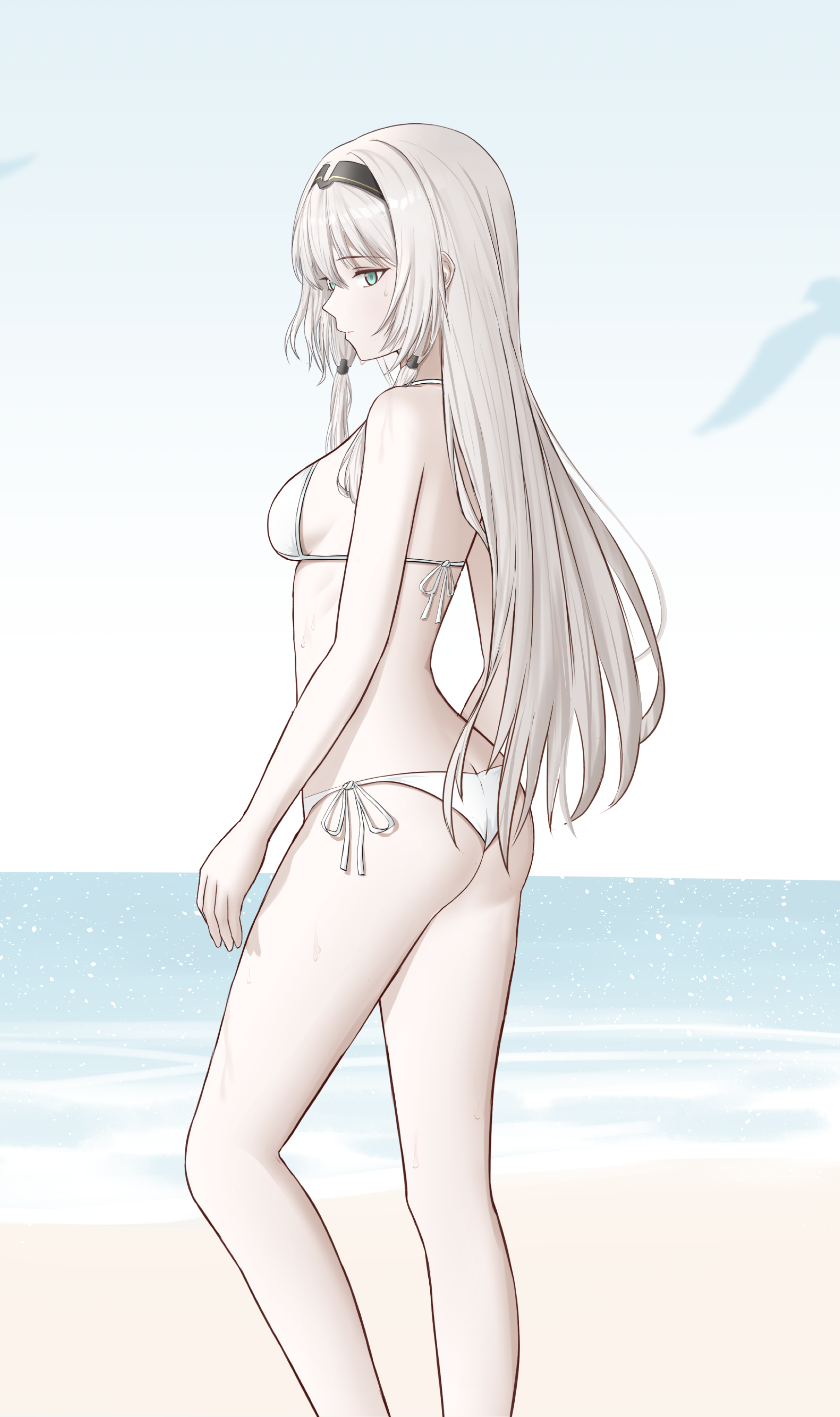 woon, an-94 (girls' frontline), girls' frontline, absurdres, highres, 1girl, alternate costume, aqua eyes, ass, beach, bikini, black hairband, breasts, hairband, long hair, ribs, sand, small breasts, solo, swimsuit, water, white bikini
