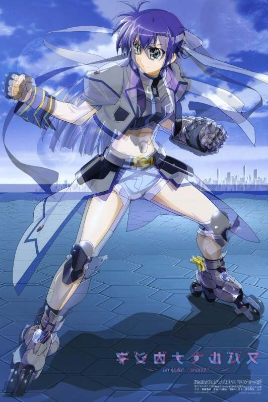 okuda yasuhiro, ginga nakajima, revolver knuckle, subaru nakajima, lyrical nanoha, mahou shoujo lyrical nanoha, mahou shoujo lyrical nanoha strikers, 00s, 1girl, blue hair, female focus, fighting stance, fingerless gloves, gauntlets, gloves, inline skates, magical girl, midriff, planet, roller skates, skates, solo, waist cape